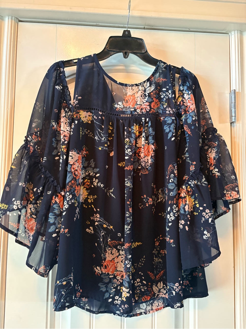 Lucky Brand Navy Floral Ruffle-Sleeve Blouse